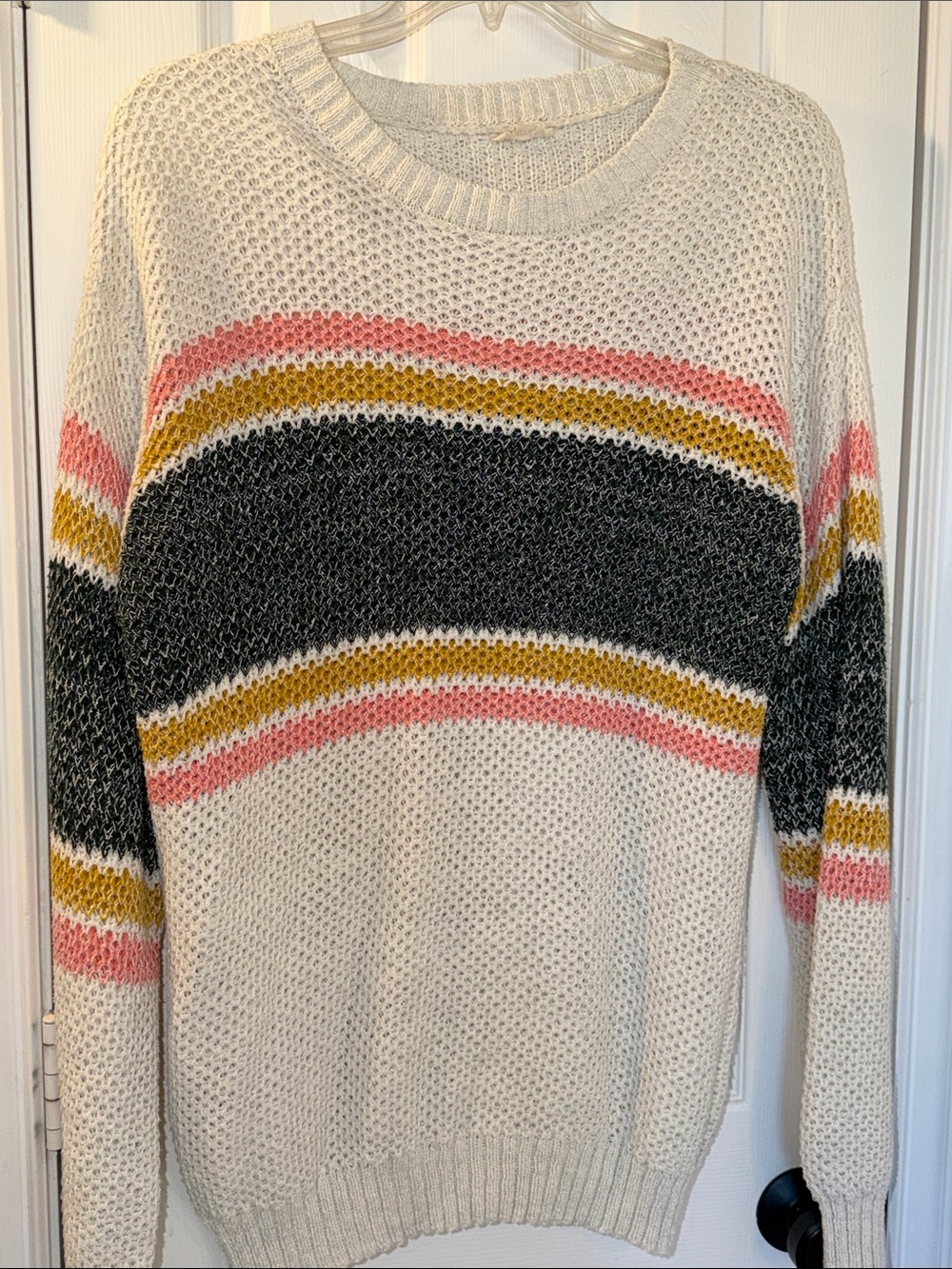 Women’s Cream Striped Knit Sweater with Pink, Gray & Mustard Accents LG